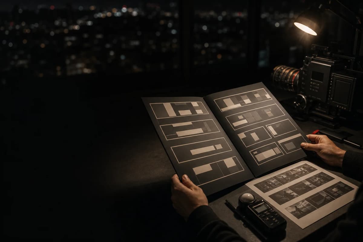 Creative director reviewing an Atelier campaign brief in a cinematic studio