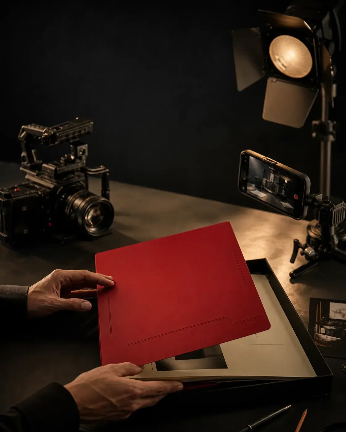 A calm, private creator production workspace prepared for an Anomaly Box brief