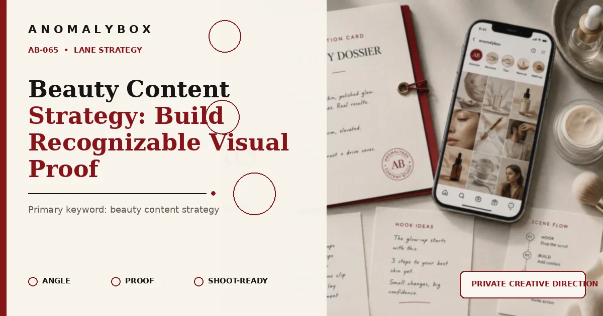 AnomalyBox editorial featured image for Beauty Content Strategy: Build Recognizable Visual Proof, showing beauty products, lighting notes and editorial shot planning.