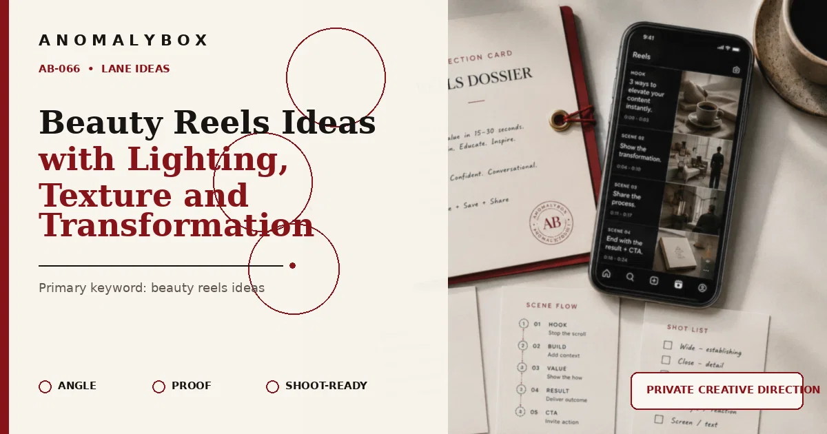 AnomalyBox editorial featured image for Beauty Reels Ideas with Lighting, Texture and Transformation, showing reels storyboard, hook notes and shot-list planning.