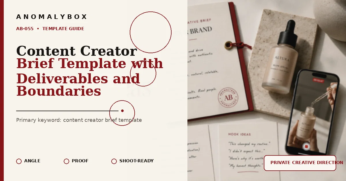 AnomalyBox editorial featured image for Content Creator Brief Template with Deliverables and Boundaries, showing UGC product brief, approval notes and creator shot planning.