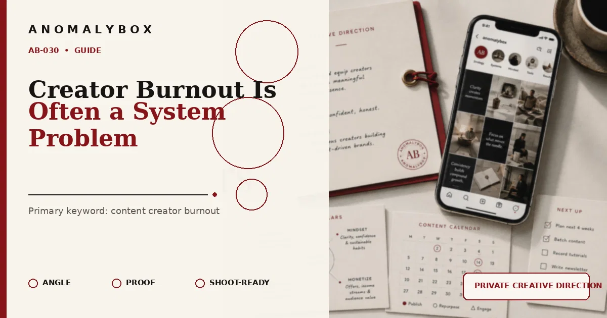 AnomalyBox editorial featured image for Creator Burnout Is Often a System Problem, showing content system, planning cards and creator workflow.