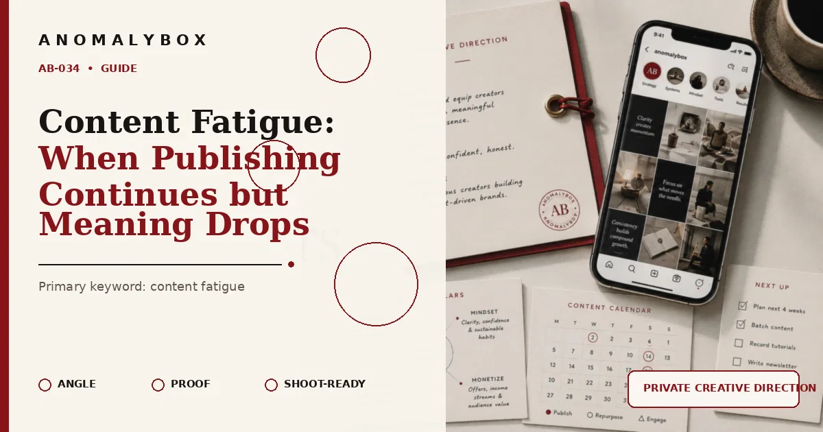 AnomalyBox editorial featured image for Content Fatigue: When Publishing Continues but Meaning Drops, showing content system, planning cards and creator workflow.