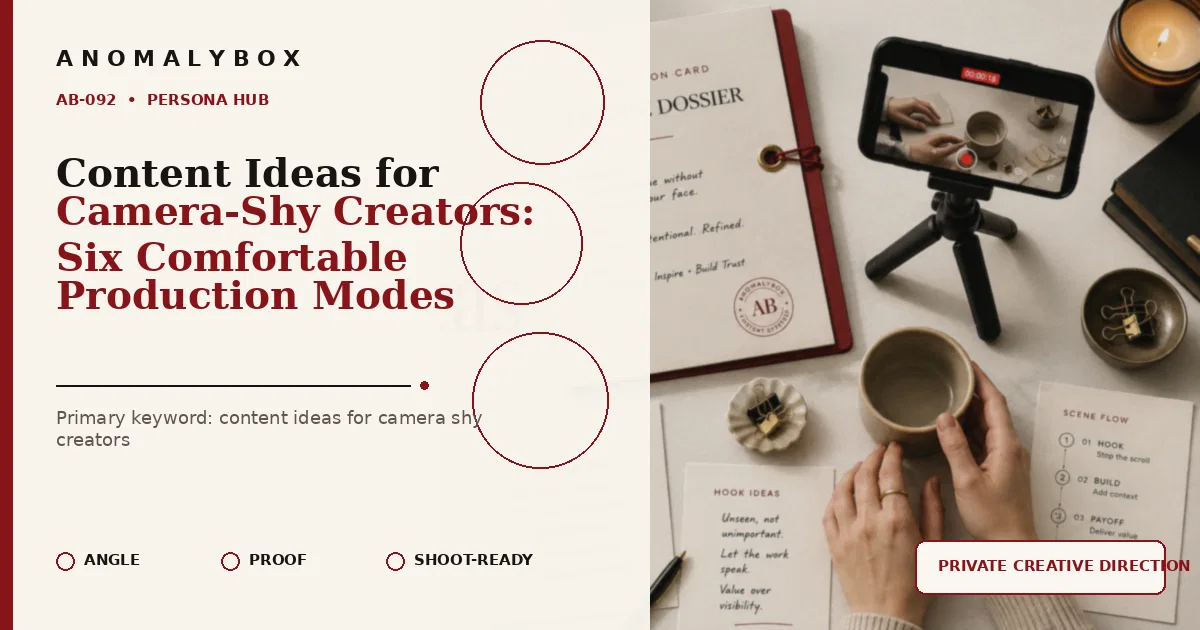 AnomalyBox editorial featured image for Content Ideas for Camera-Shy Creators: Six Comfortable Production Modes, showing privacy-first hands-only filming and faceless shot planning.