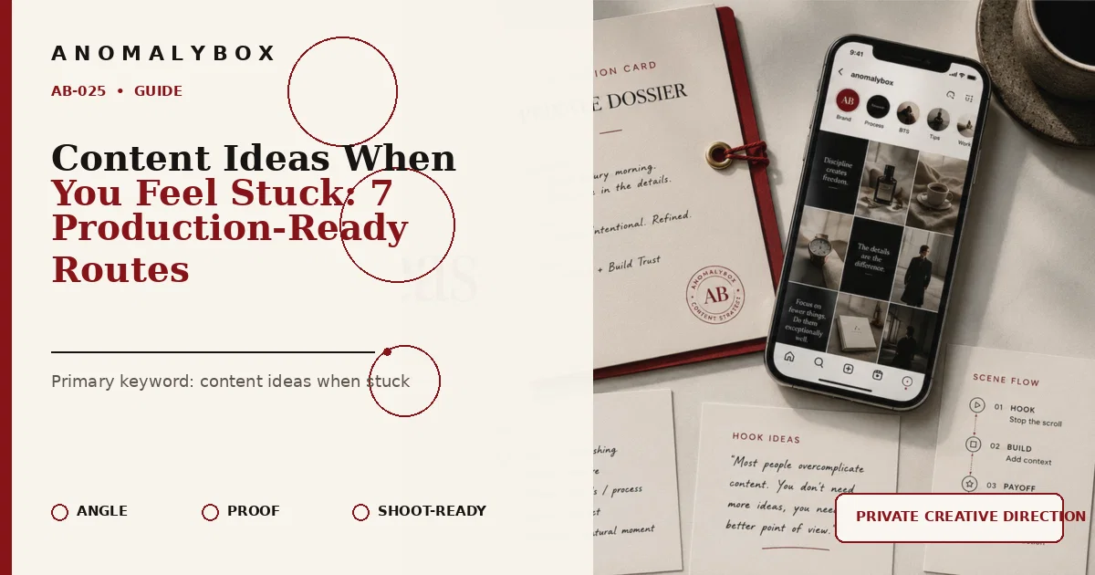 AnomalyBox editorial featured image for Content Ideas When You Feel Stuck: 7 Production-Ready Routes, showing creative direction dossier, smartphone and shoot-ready planning cards.