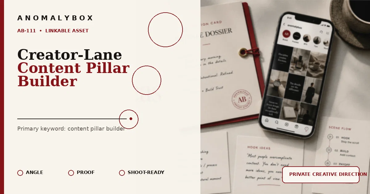 AnomalyBox editorial featured image for Creator-Lane Content Pillar Builder, showing creative direction dossier, smartphone and shoot-ready planning cards.