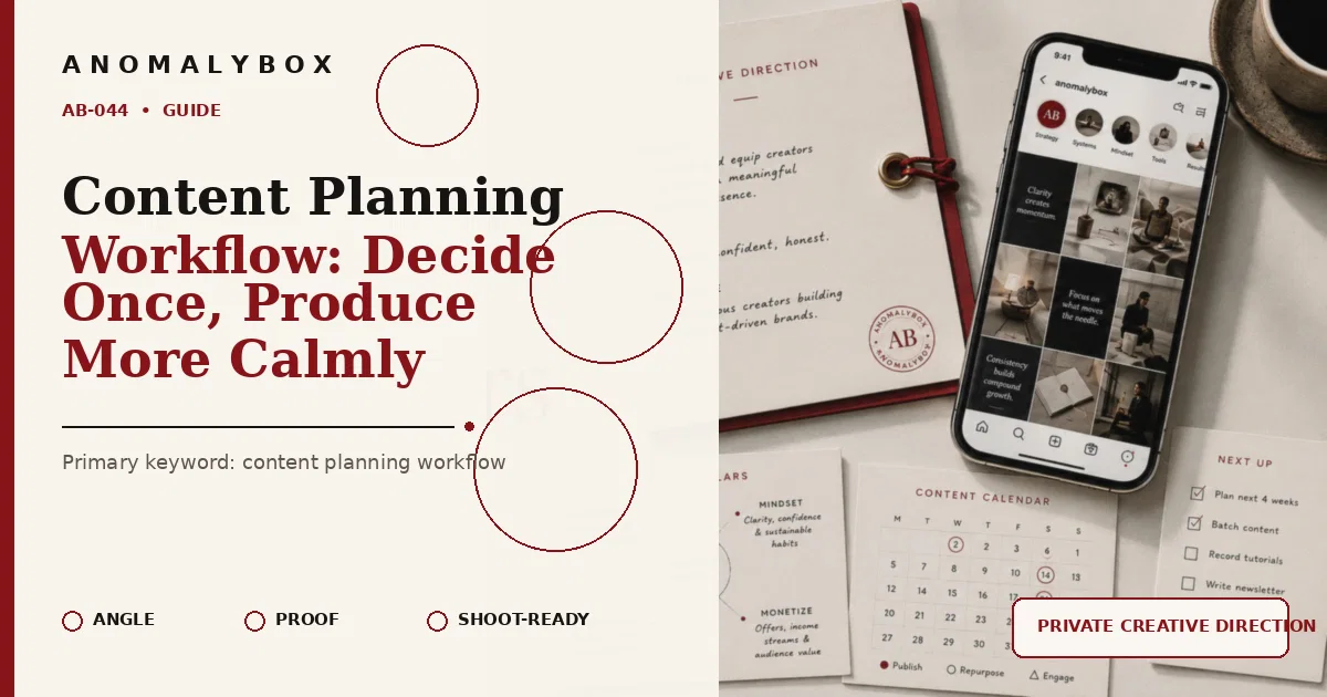 AnomalyBox editorial featured image for Content Planning Workflow: Decide Once, Produce More Calmly, showing content system, planning cards and creator workflow.