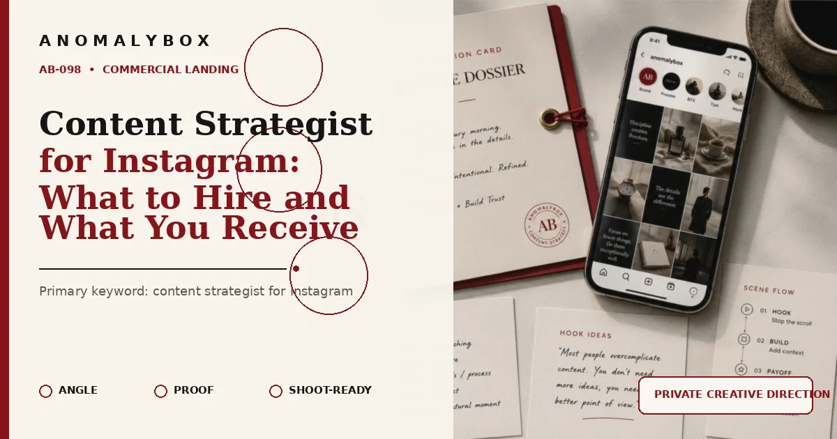 AnomalyBox editorial featured image for Content Strategist for Instagram: What to Hire and What You Receive, showing creative direction dossier, smartphone and shoot-ready planning cards.