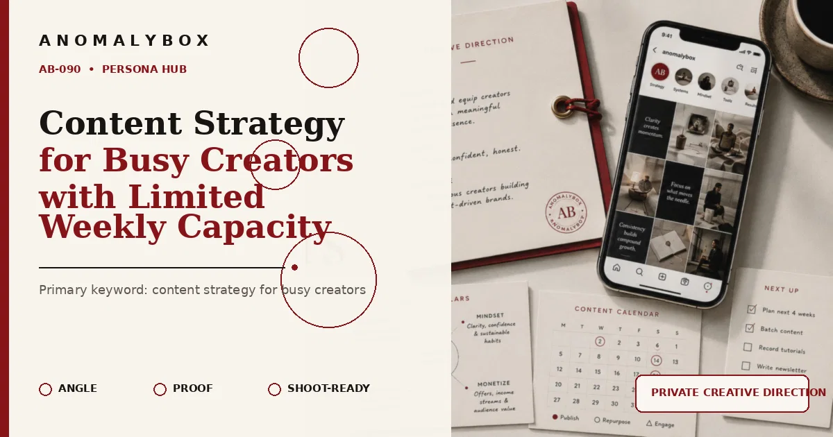 AnomalyBox editorial featured image for Content Strategy for Busy Creators with Limited Weekly Capacity, showing content system, planning cards and creator workflow.
