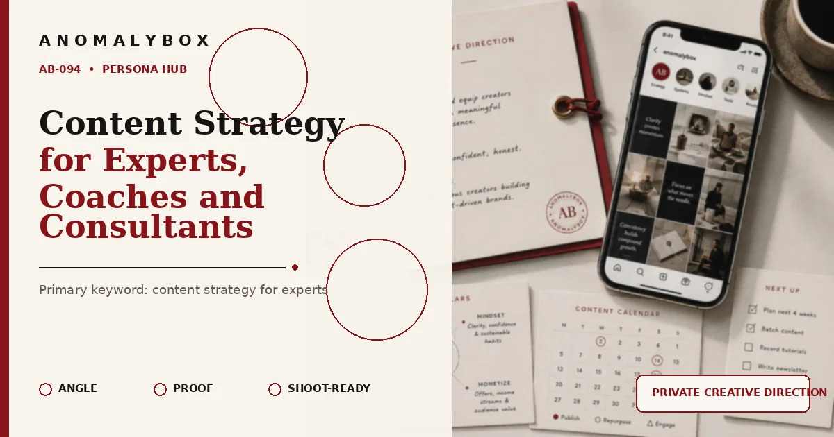 AnomalyBox editorial featured image for Content Strategy for Experts, Coaches and Consultants, showing content system, planning cards and creator workflow.