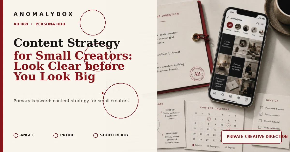AnomalyBox editorial featured image for Content Strategy for Small Creators: Look Clear before You Look Big, showing content system, planning cards and creator workflow.