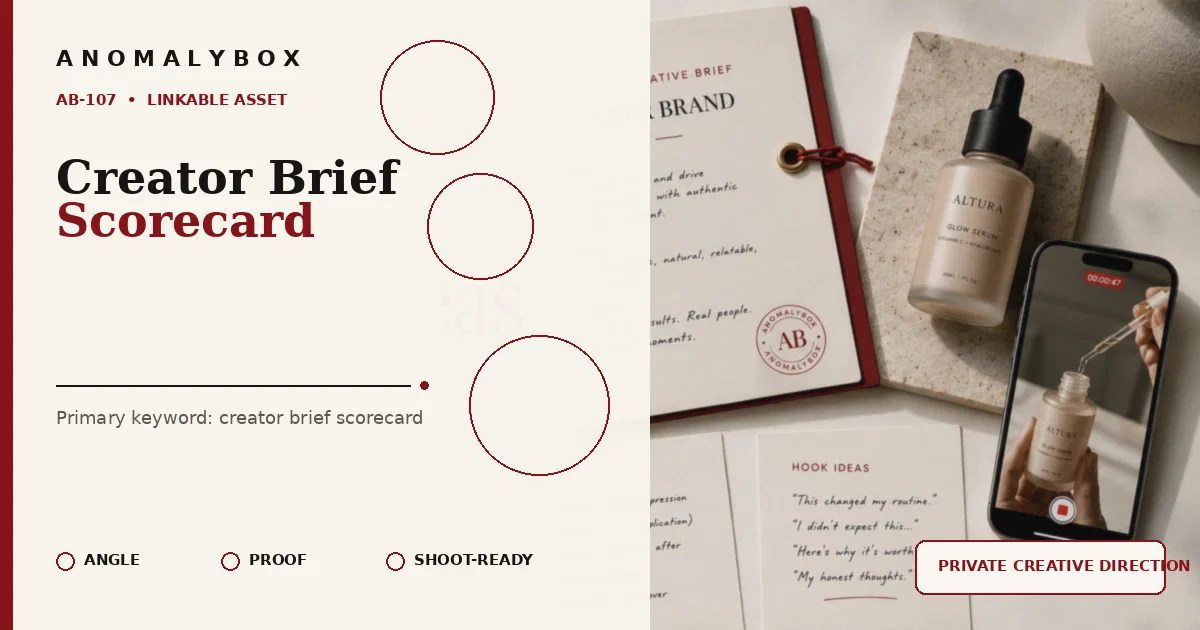 AnomalyBox editorial featured image for Creator Brief Scorecard, showing UGC product brief, approval notes and creator shot planning.
