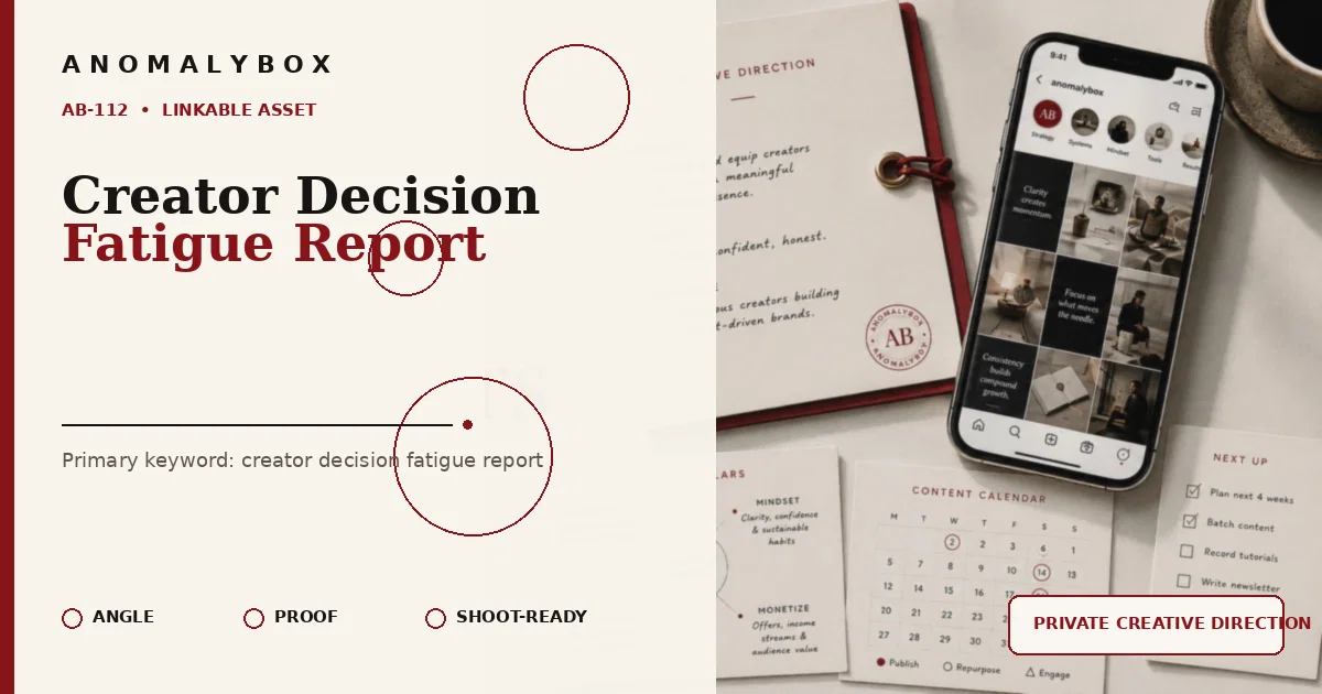AnomalyBox editorial featured image for Creator Decision Fatigue Report, showing content system, planning cards and creator workflow.