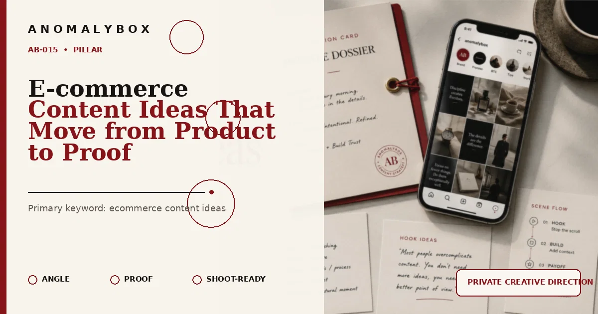 AnomalyBox editorial featured image for E-commerce Content Ideas That Move from Product to Proof, showing creative direction dossier, smartphone and shoot-ready planning cards.
