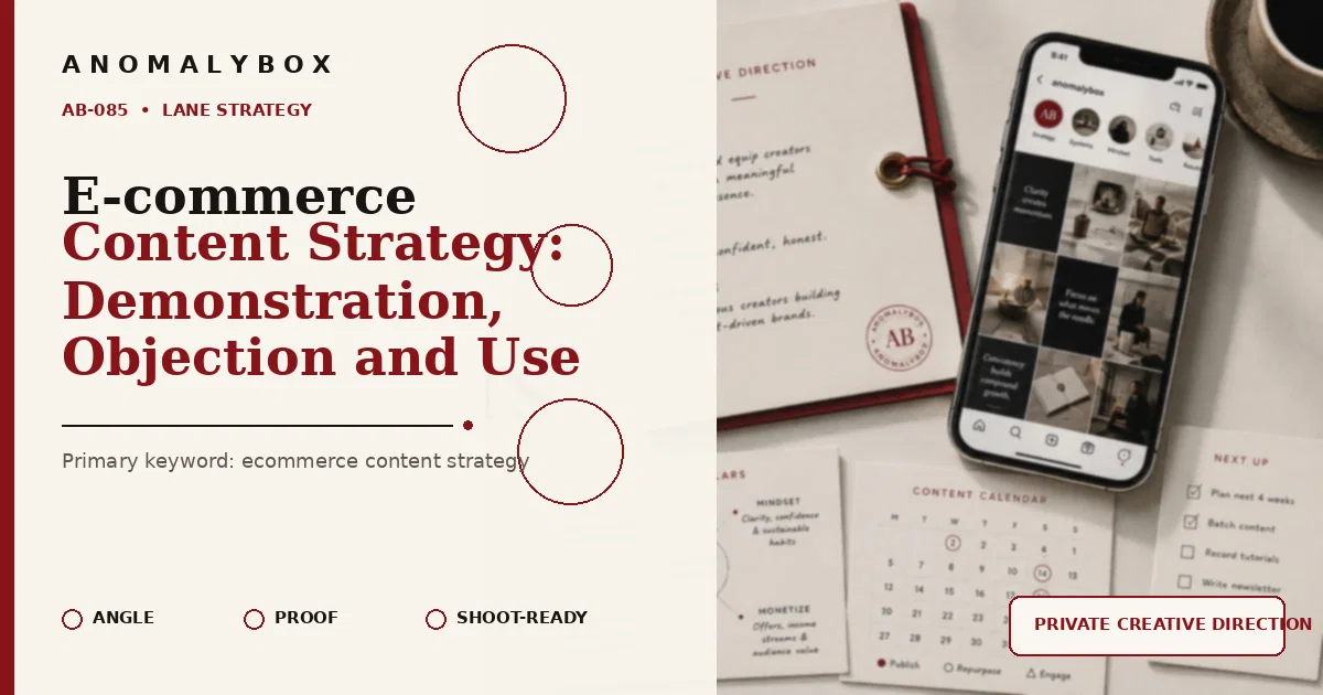 AnomalyBox editorial featured image for E-commerce Content Strategy: Demonstration, Objection and Use, showing content system, planning cards and creator workflow.