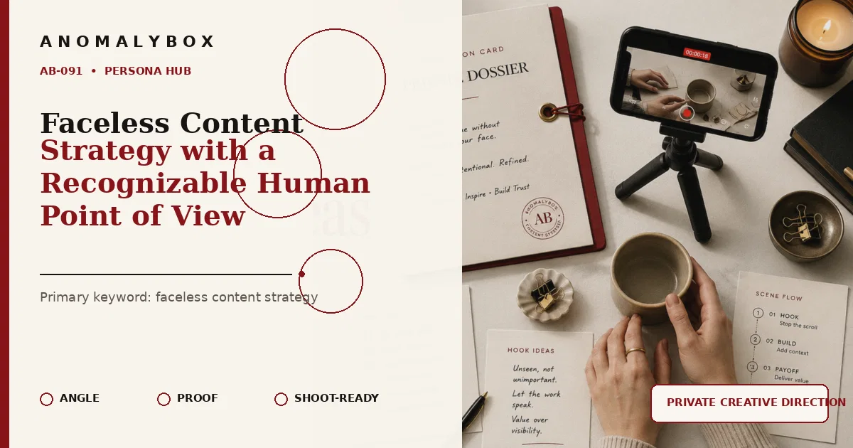 AnomalyBox editorial featured image for Faceless Content Strategy with a Recognizable Human Point of View, showing privacy-first hands-only filming and faceless shot planning.