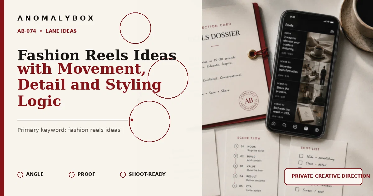 AnomalyBox editorial featured image for Fashion Reels Ideas with Movement, Detail and Styling Logic, showing reels storyboard, hook notes and shot-list planning.