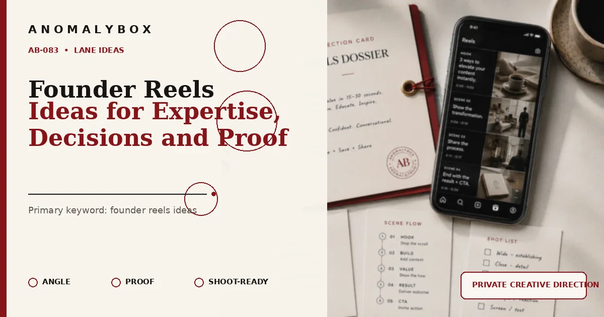 AnomalyBox editorial featured image for Founder Reels Ideas for Expertise, Decisions and Proof, showing reels storyboard, hook notes and shot-list planning.
