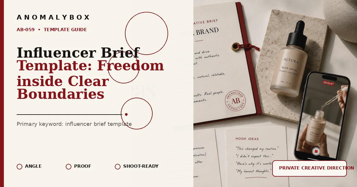AnomalyBox editorial featured image for Influencer Brief Template: Freedom inside Clear Boundaries, showing UGC product brief, approval notes and creator shot planning.