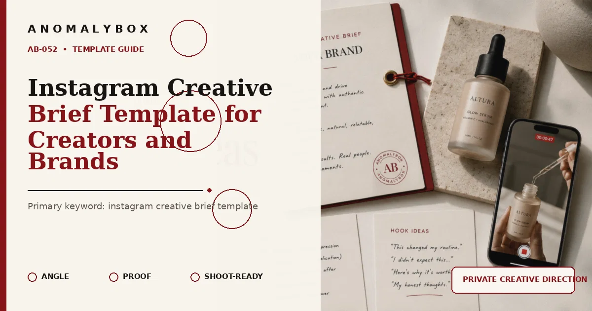 AnomalyBox editorial featured image for Instagram Creative Brief Template for Creators and Brands, showing UGC product brief, approval notes and creator shot planning.