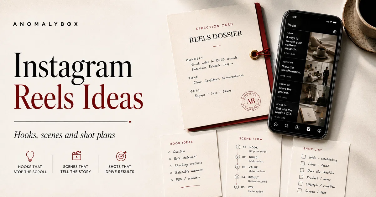 AnomalyBox editorial featured image for Instagram Reels Ideas with Hooks, Scenes and Shot Plans, showing reels storyboard, hook notes and shot-list planning.
