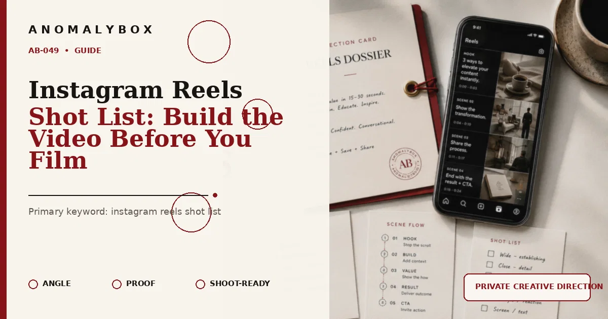 AnomalyBox editorial featured image for Instagram Reels Shot List: Build the Video Before You Film, showing reels storyboard, hook notes and shot-list planning.