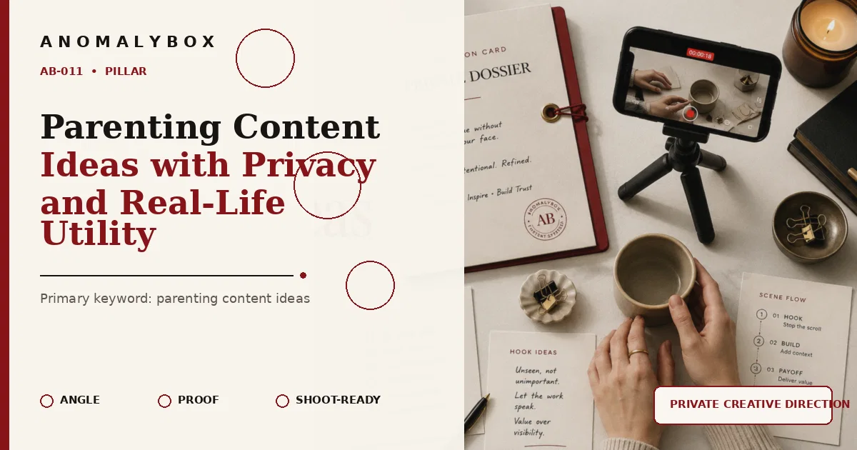 AnomalyBox editorial featured image for Parenting Content Ideas with Privacy and Real-Life Utility, showing privacy-first hands-only filming and faceless shot planning.