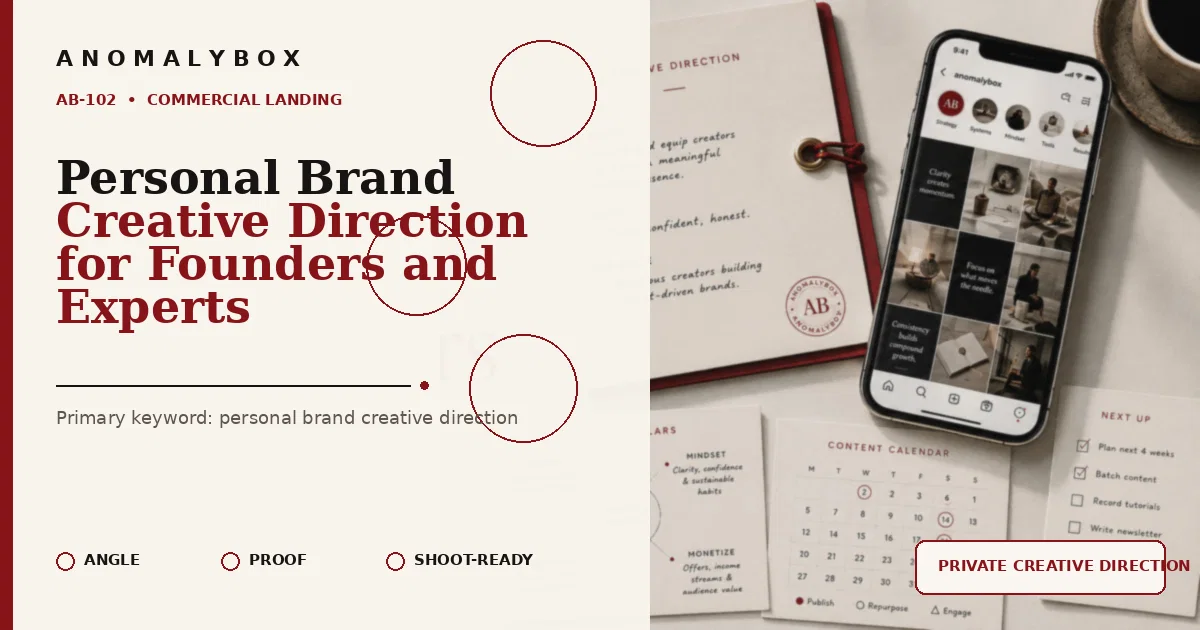 AnomalyBox editorial featured image for Personal Brand Creative Direction for Founders and Experts, showing content system, planning cards and creator workflow.