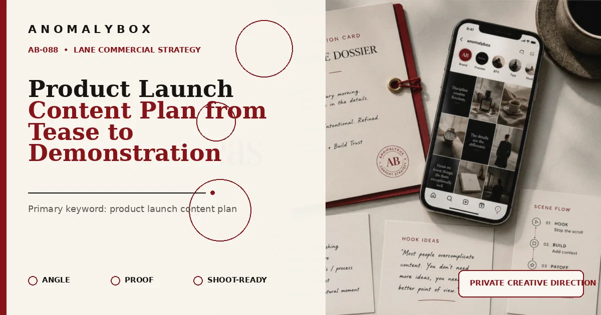 AnomalyBox editorial featured image for Product Launch Content Plan from Tease to Demonstration, showing creative direction dossier, smartphone and shoot-ready planning cards.