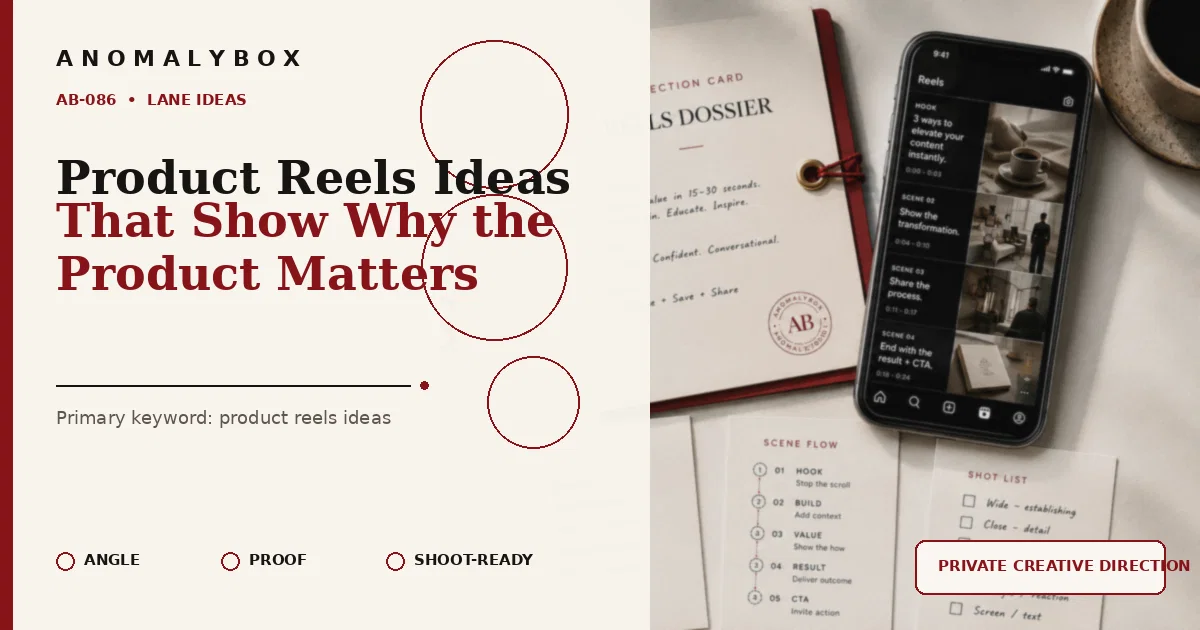 AnomalyBox editorial featured image for Product Reels Ideas That Show Why the Product Matters, showing reels storyboard, hook notes and shot-list planning.