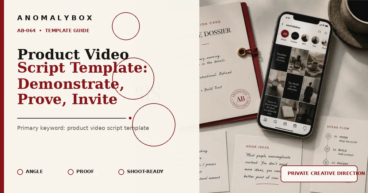 AnomalyBox editorial featured image for Product Video Script Template: Demonstrate, Prove, Invite, showing creative direction dossier, smartphone and shoot-ready planning cards.