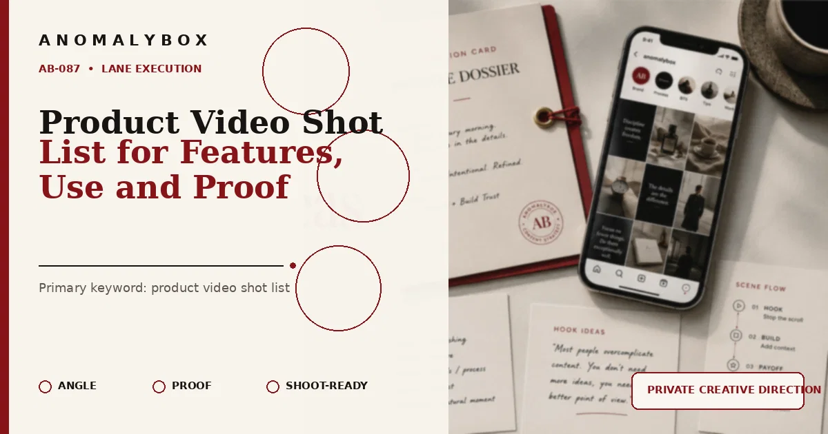 AnomalyBox editorial featured image for Product Video Shot List for Features, Use and Proof, showing creative direction dossier, smartphone and shoot-ready planning cards.