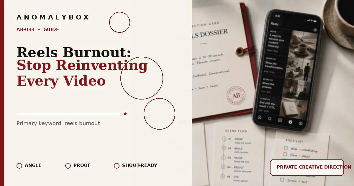 AnomalyBox editorial featured image for Reels Burnout: Stop Reinventing Every Video, showing reels storyboard, hook notes and shot-list planning.