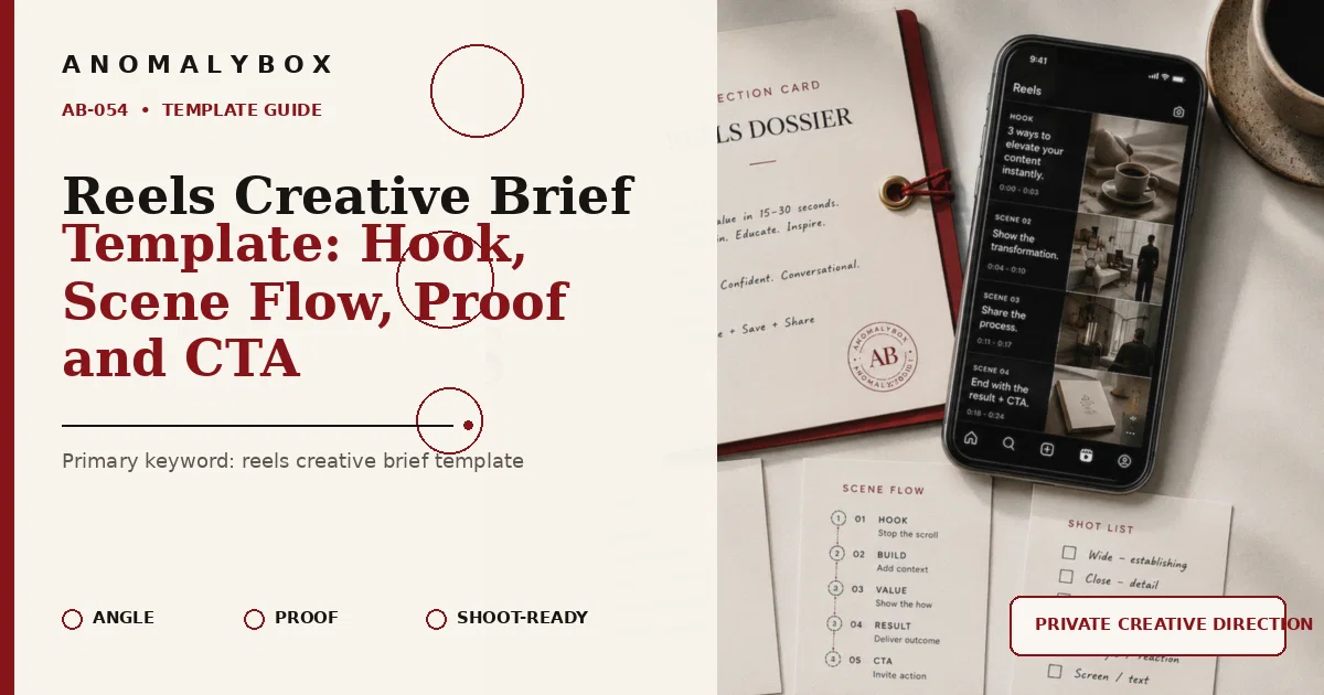 AnomalyBox editorial featured image for Reels Creative Brief Template: Hook, Scene Flow, Proof and CTA, showing reels storyboard, hook notes and shot-list planning.