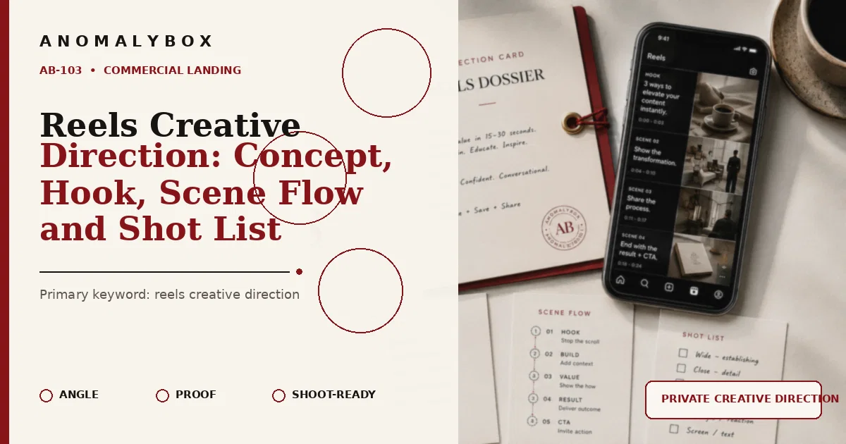 AnomalyBox editorial featured image for Reels Creative Direction: Concept, Hook, Scene Flow and Shot List, showing reels storyboard, hook notes and shot-list planning.