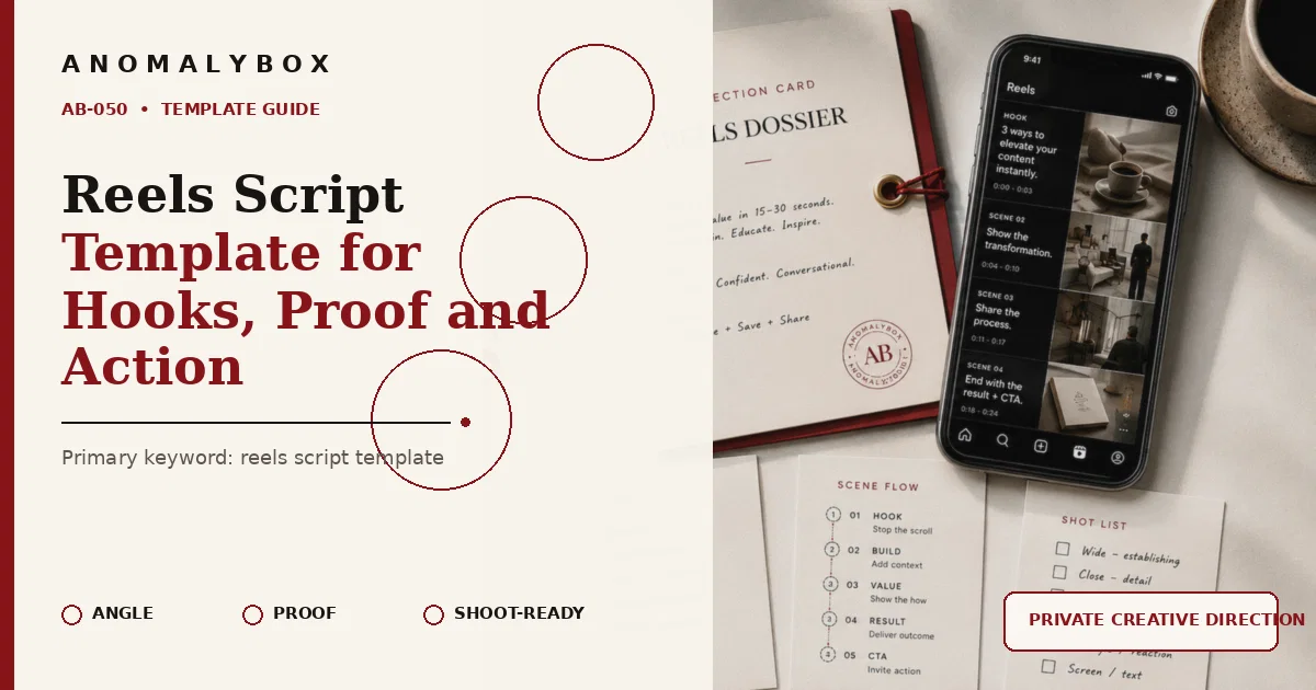AnomalyBox editorial featured image for Reels Script Template for Hooks, Proof and Action, showing reels storyboard, hook notes and shot-list planning.