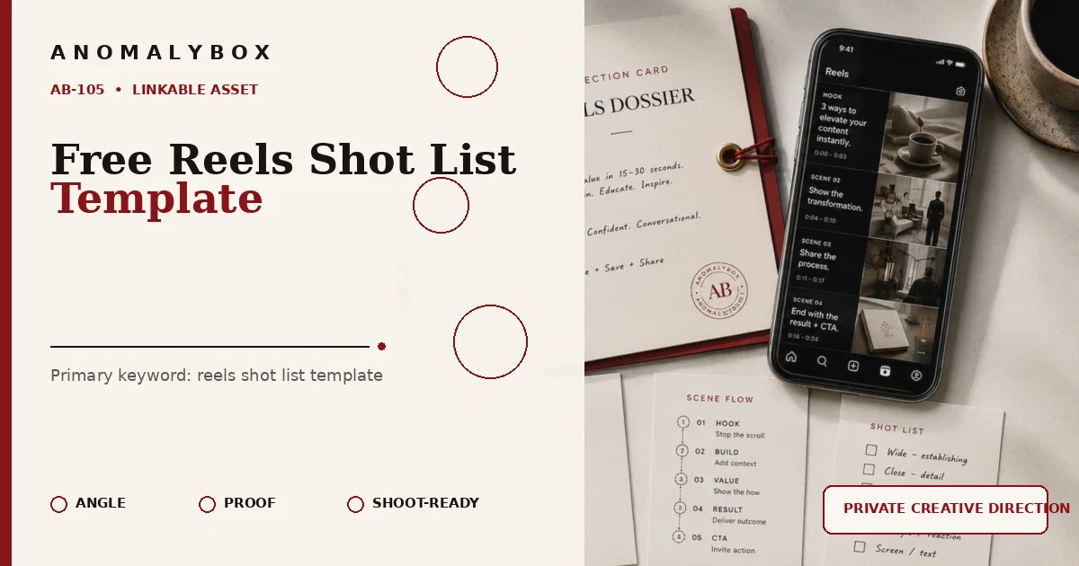 AnomalyBox editorial featured image for Free Reels Shot List Template, showing reels storyboard, hook notes and shot-list planning.