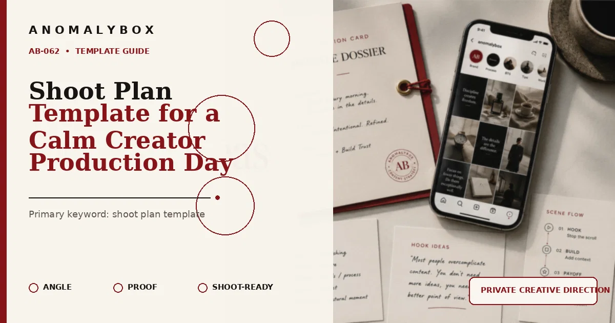 AnomalyBox editorial featured image for Shoot Plan Template for a Calm Creator Production Day, showing creative direction dossier, smartphone and shoot-ready planning cards.