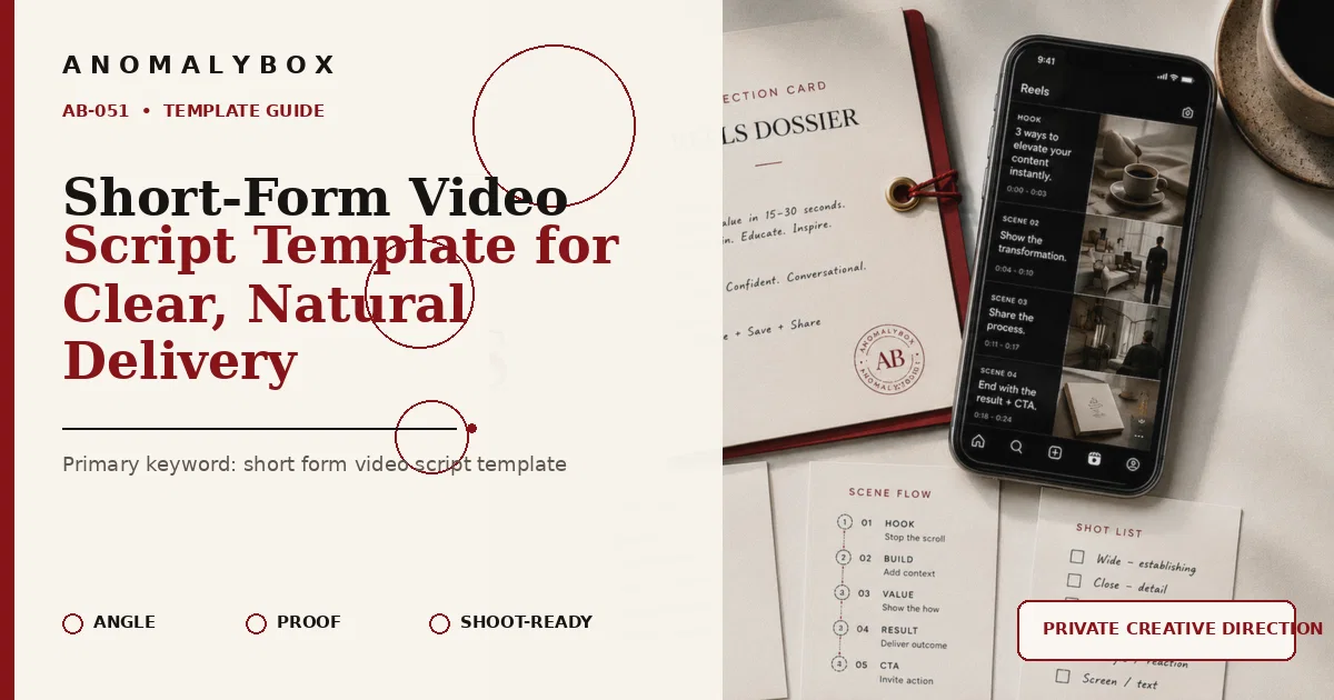 AnomalyBox editorial featured image for Short-Form Video Script Template for Clear, Natural Delivery, showing reels storyboard, hook notes and shot-list planning.