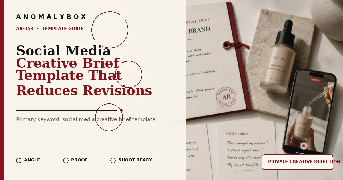 AnomalyBox editorial featured image for Social Media Creative Brief Template That Reduces Revisions, showing UGC product brief, approval notes and creator shot planning.