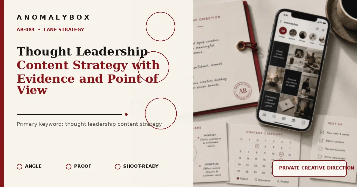 AnomalyBox editorial featured image for Thought Leadership Content Strategy with Evidence and Point of View, showing content system, planning cards and creator workflow.