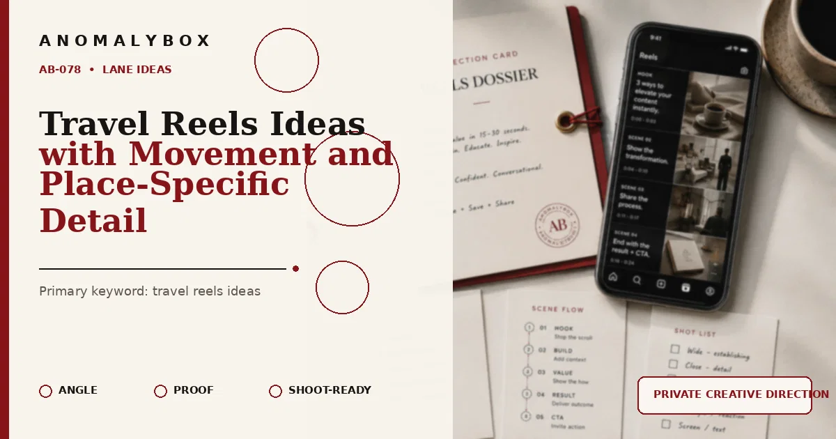 AnomalyBox editorial featured image for Travel Reels Ideas with Movement and Place-Specific Detail, showing reels storyboard, hook notes and shot-list planning.