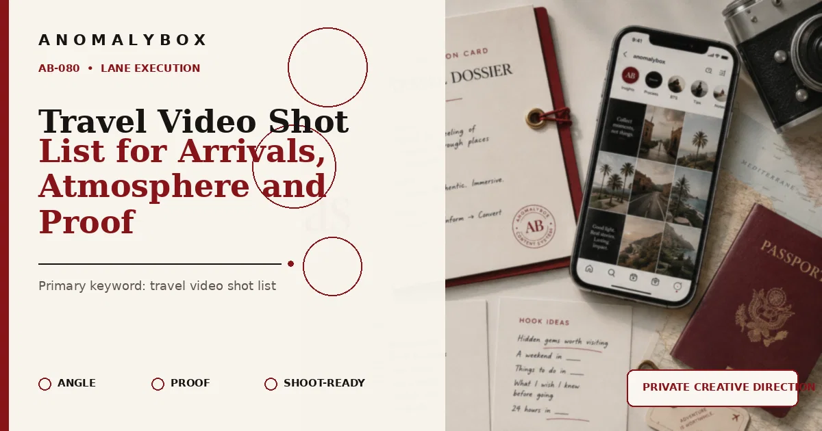AnomalyBox editorial featured image for Travel Video Shot List for Arrivals, Atmosphere and Proof, showing travel props, location imagery and travel shot planning.