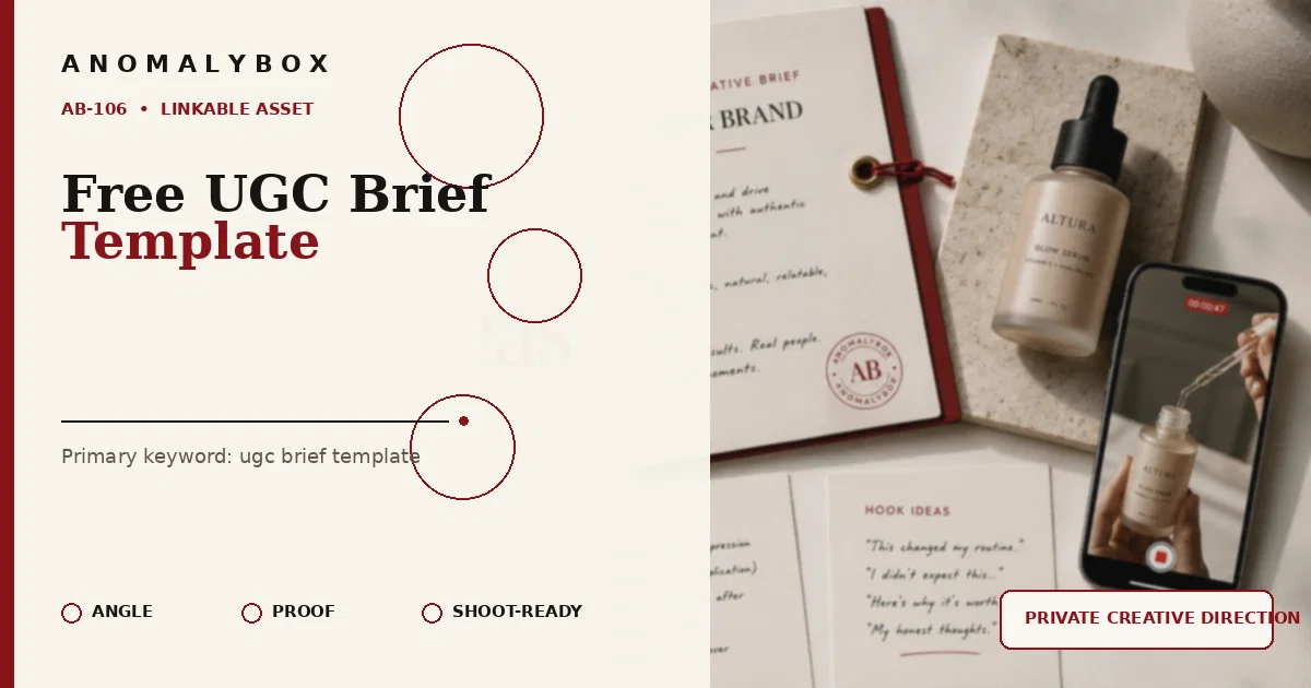 AnomalyBox editorial featured image for Free UGC Brief Template, showing UGC product brief, approval notes and creator shot planning.