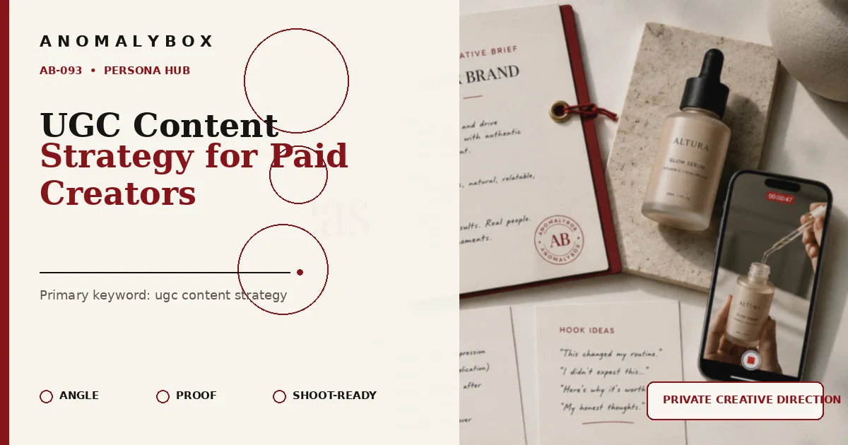 AnomalyBox editorial featured image for UGC Content Strategy for Paid Creators, showing UGC product brief, approval notes and creator shot planning.