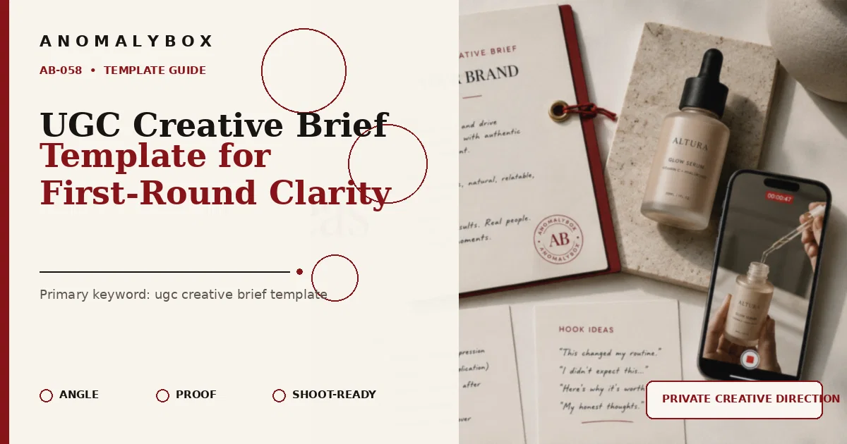 AnomalyBox editorial featured image for UGC Creative Brief Template for First-Round Clarity, showing UGC product brief, approval notes and creator shot planning.