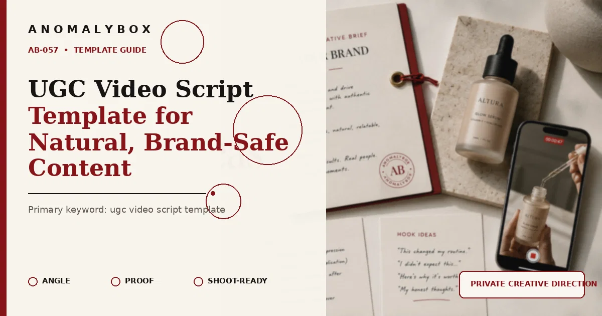 AnomalyBox editorial featured image for UGC Video Script Template for Natural, Brand-Safe Content, showing UGC product brief, approval notes and creator shot planning.